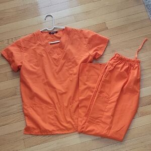 Orange Medical Scrub Set - V-Neck Top & Drawstring Pants